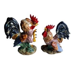 Lefton Japan Ceramic Fighting Rooster Retro Figurines Vintage Farmhouse Pair